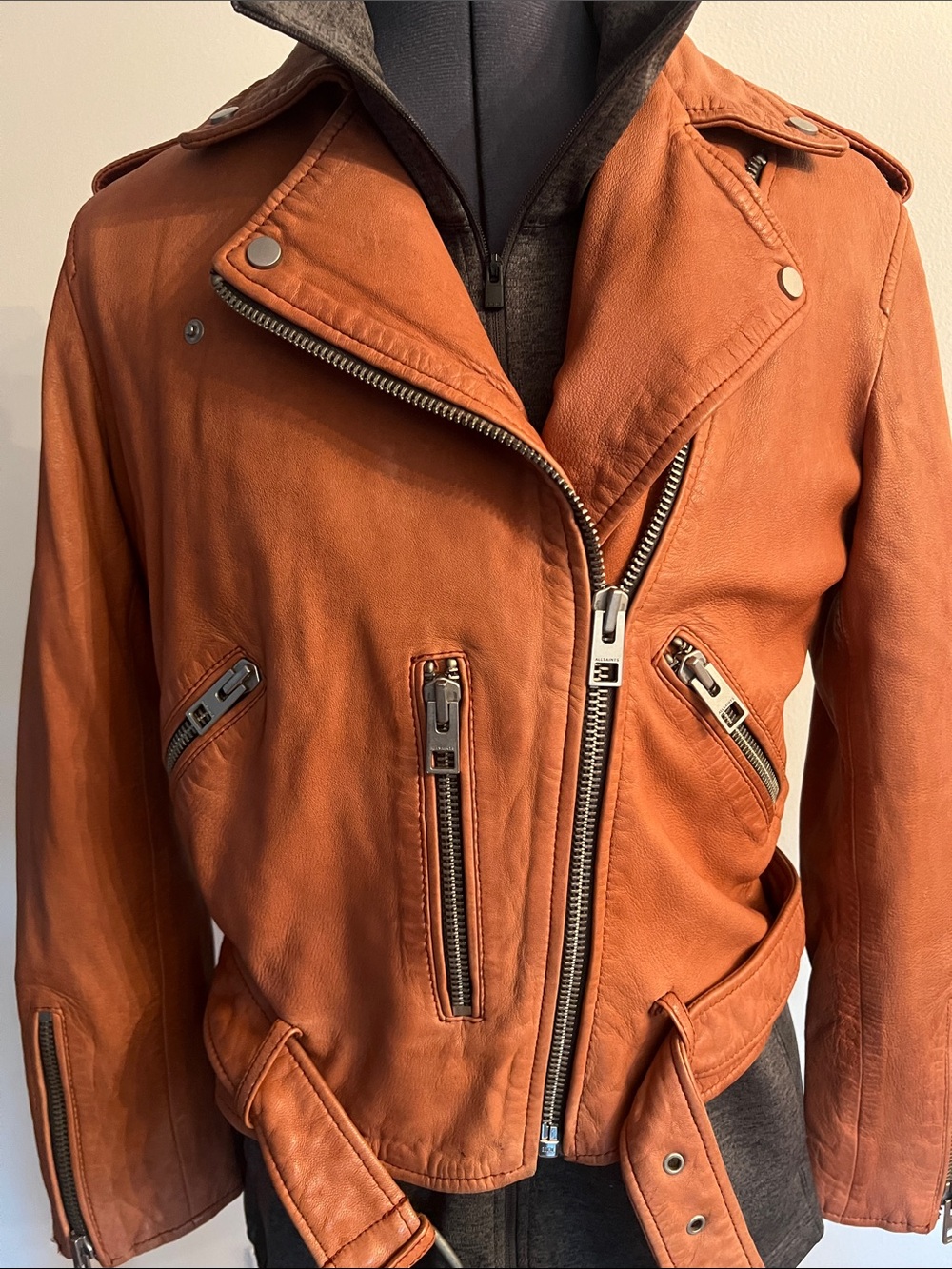 All Saints Rust Orange Leather Biker Jacket